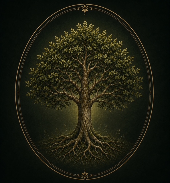 An ancient leafy tree with visible roots framed in an ornamental gold oval